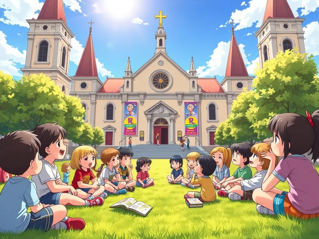 A photograph of children participating in an educational workshop about the history and architecture of the Sainte-Anne de Moult church.