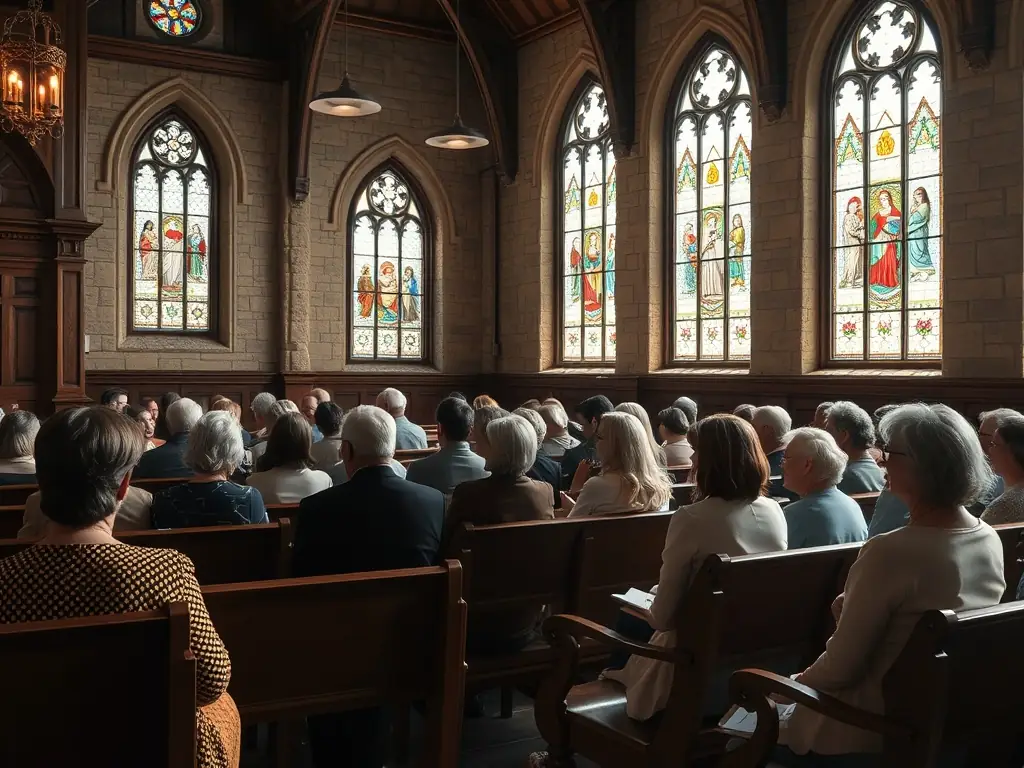 A photograph capturing a historical lecture taking place inside the Sainte-Anne Church, with attendees listening attentively.