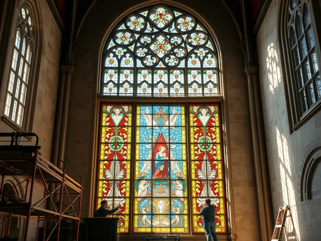 A photograph showing the interior of the Sainte-Anne de Moult church, with a focus on ongoing art restoration projects, such as painting conservation and stained glass repair.
