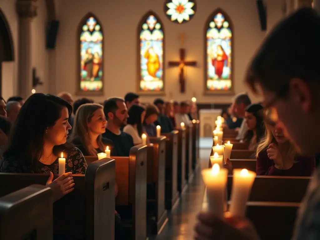 A photograph depicting a community event held inside the Sainte-Anne de Moult church, such as a concert or historical lecture, highlighting community engagement.