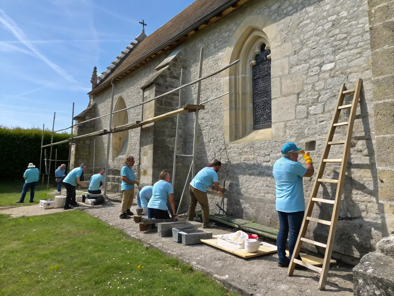 A group of volunteers cleaning the exterior walls of the Sainte-Anne de Moult church, showcasing community involvement in the restoration efforts.