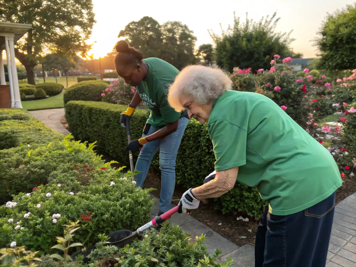 A photograph of volunteers working together to clean and maintain the church grounds, showcasing community involvement and dedication.