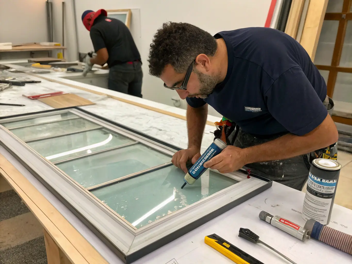 A detailed photograph showcasing the intricate work being done on the stained glass windows of the Sainte-Anne Church, highlighting the delicate restoration process.